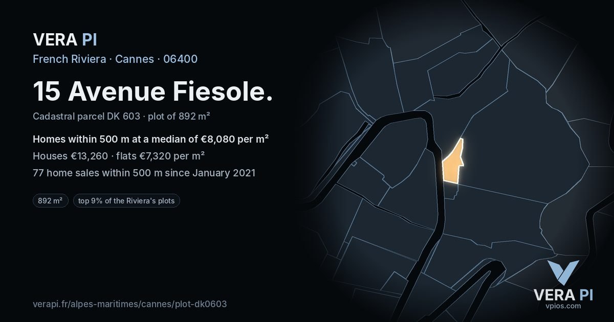 15 Avenue Fiesole, Cannes at night – the plot lit, the parcels around coloured by the prices near them
