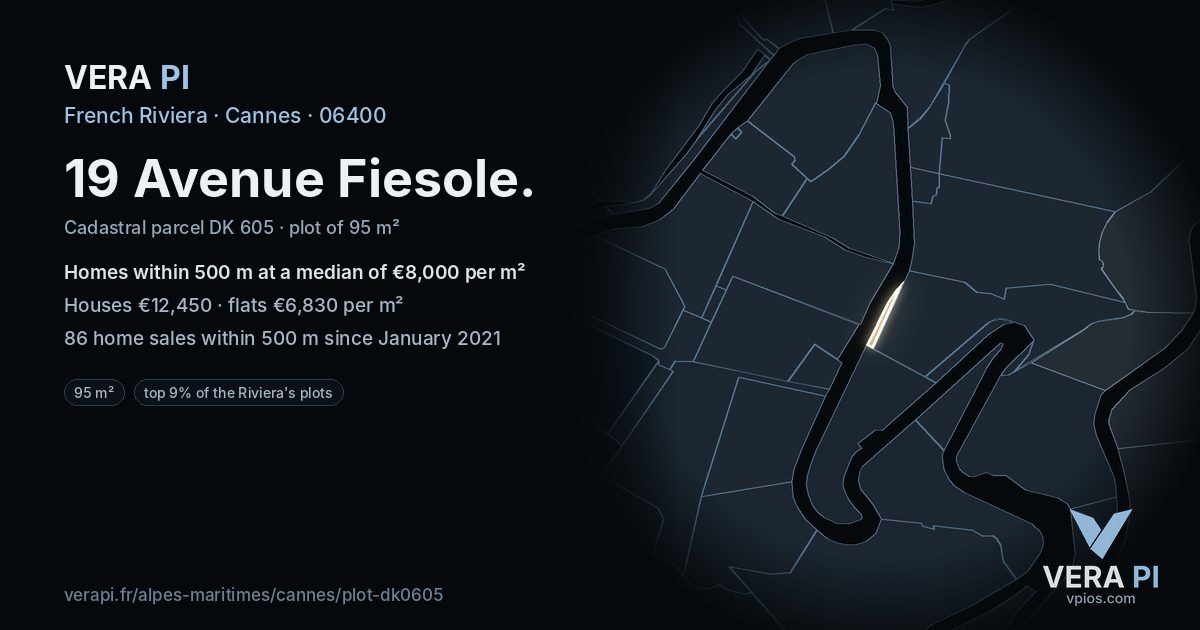 19 Avenue Fiesole, Cannes at night – the plot lit, the parcels around coloured by the prices near them