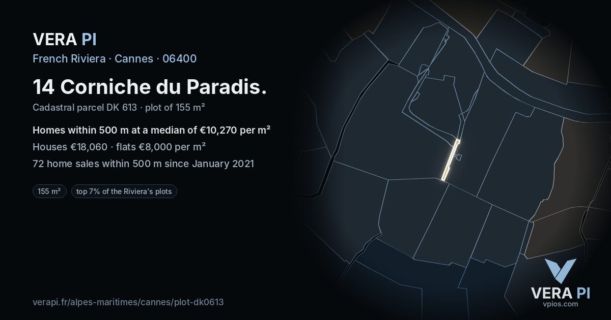 14 Corniche du Paradis, Cannes at night – the plot lit, the parcels around coloured by the prices near them