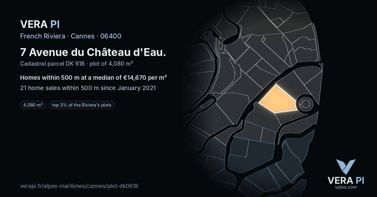 7 Avenue du Château d'Eau, Cannes at night – the plot lit, the parcels around coloured by the prices near them