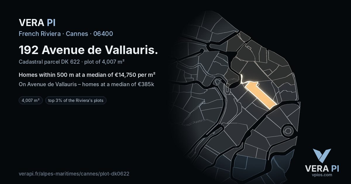192 Avenue de Vallauris, Cannes at night – the plot lit, the parcels around coloured by the prices near them