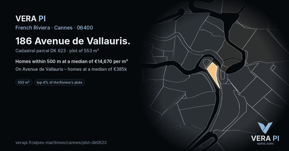 186 Avenue de Vallauris, Cannes at night – the plot lit, the parcels around coloured by the prices near them
