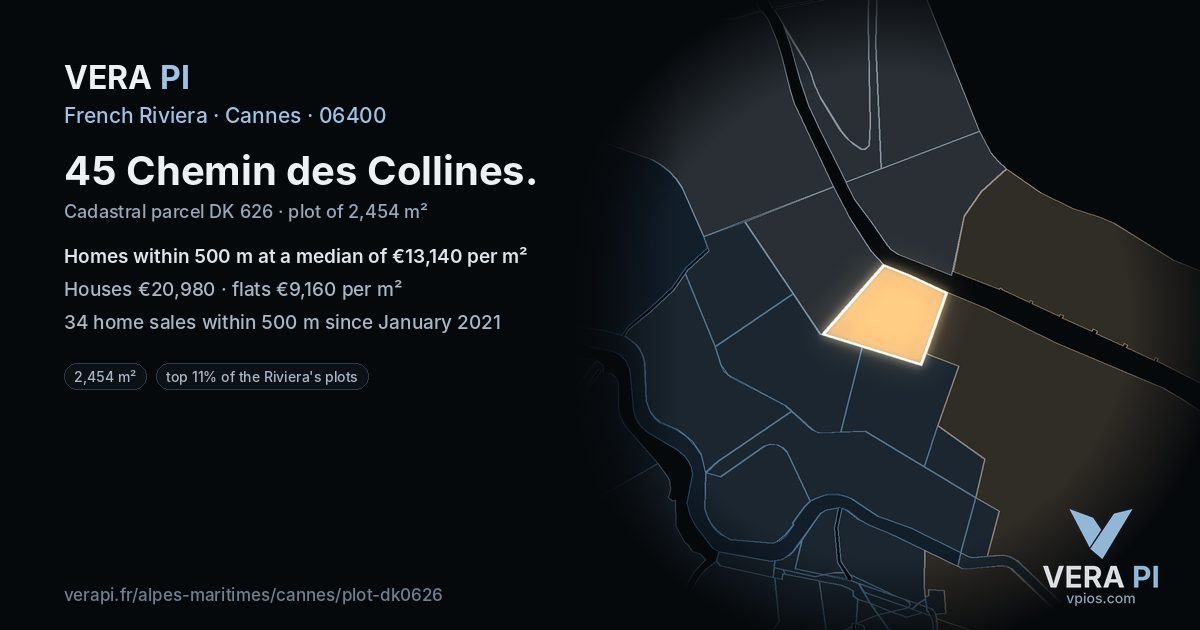 45 Chemin des Collines, Cannes at night – the plot lit, the parcels around coloured by the prices near them