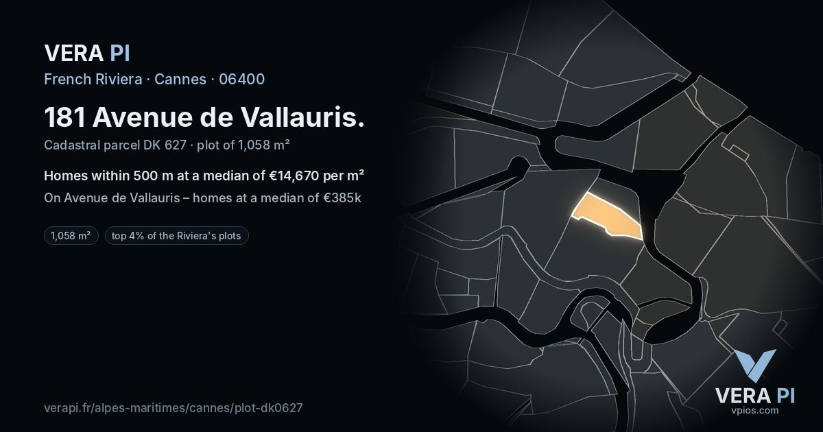 181 Avenue de Vallauris, Cannes at night – the plot lit, the parcels around coloured by the prices near them