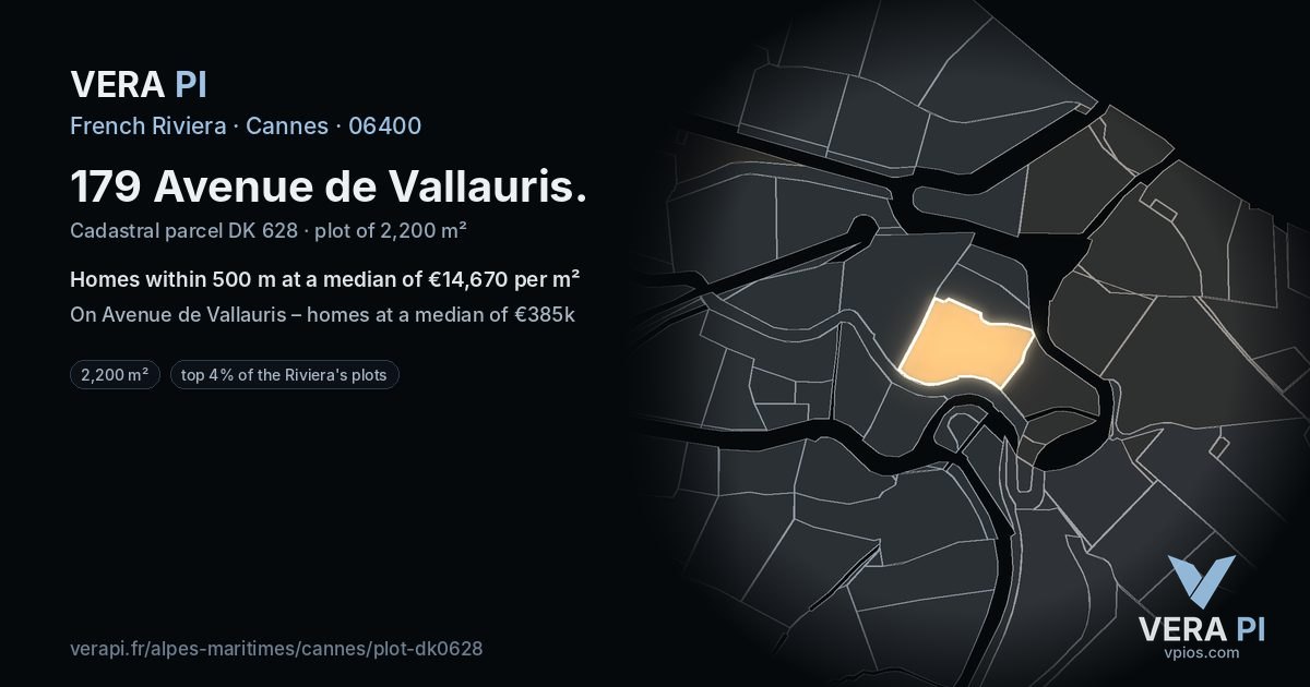 179 Avenue de Vallauris, Cannes at night – the plot lit, the parcels around coloured by the prices near them