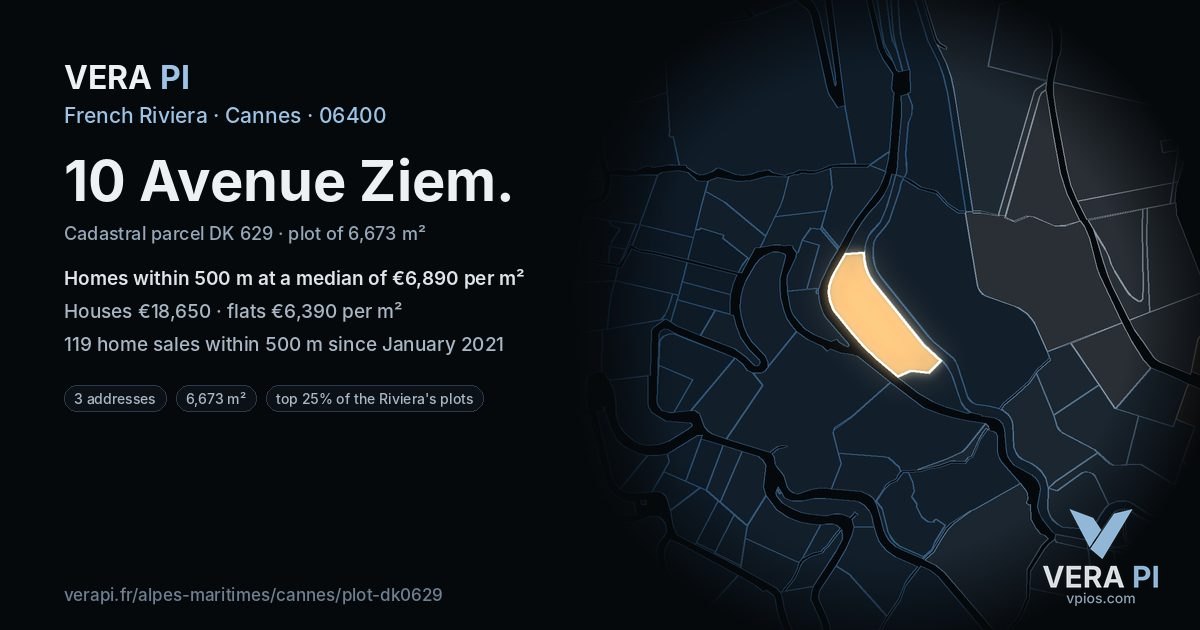 10 Avenue Ziem, Cannes at night – the plot lit, the parcels around coloured by the prices near them