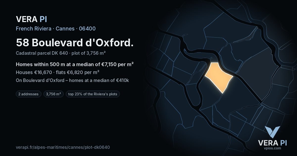 58 Boulevard d'Oxford, Cannes at night – the plot lit, the parcels around coloured by the prices near them