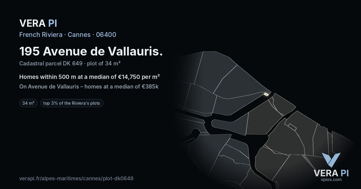 195 Avenue de Vallauris, Cannes at night – the plot lit, the parcels around coloured by the prices near them