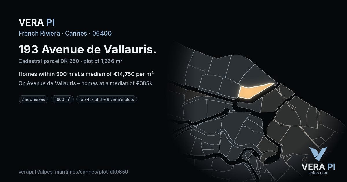 193 Avenue de Vallauris, Cannes at night – the plot lit, the parcels around coloured by the prices near them