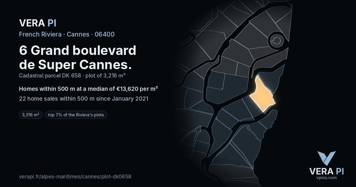 6 Grand boulevard de Super Cannes, Cannes at night – the plot lit, the parcels around coloured by the prices near them