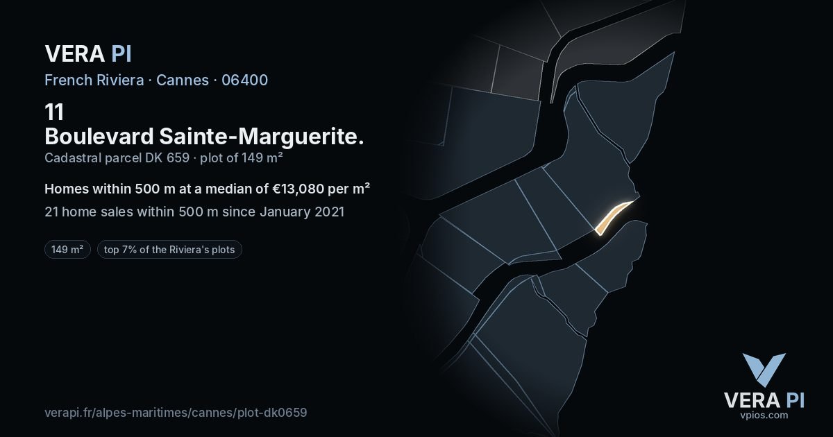 11 Boulevard Sainte-Marguerite, Cannes at night – the plot lit, the parcels around coloured by the prices near them