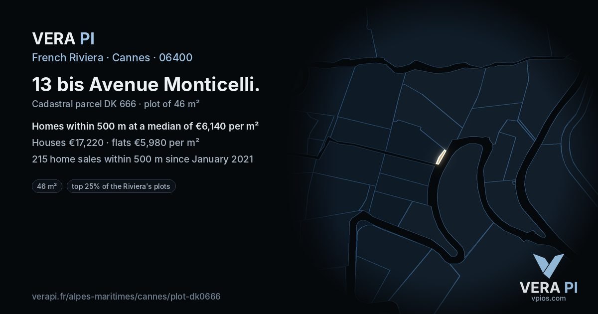 13 bis Avenue Monticelli, Cannes at night – the plot lit, the parcels around coloured by the prices near them