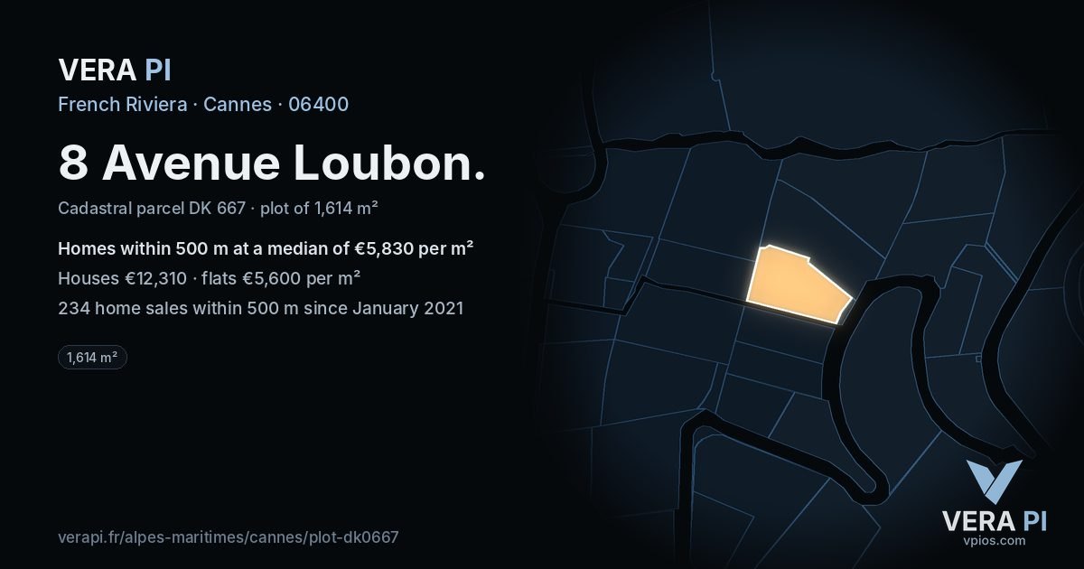 8 Avenue Loubon, Cannes at night – the plot lit, the parcels around coloured by the prices near them