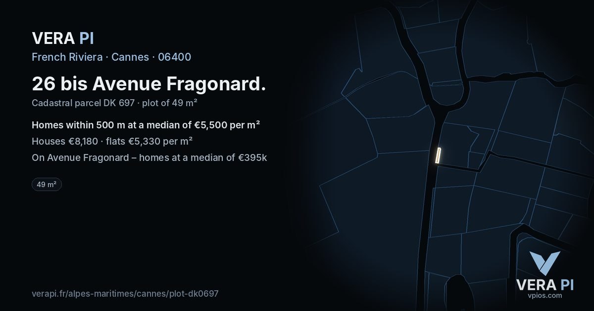 26 bis Avenue Fragonard, Cannes at night – the plot lit, the parcels around coloured by the prices near them