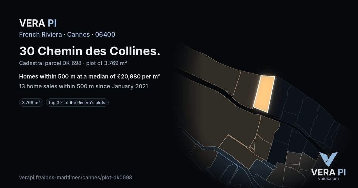 30 Chemin des Collines, Cannes at night – the plot lit, the parcels around coloured by the prices near them