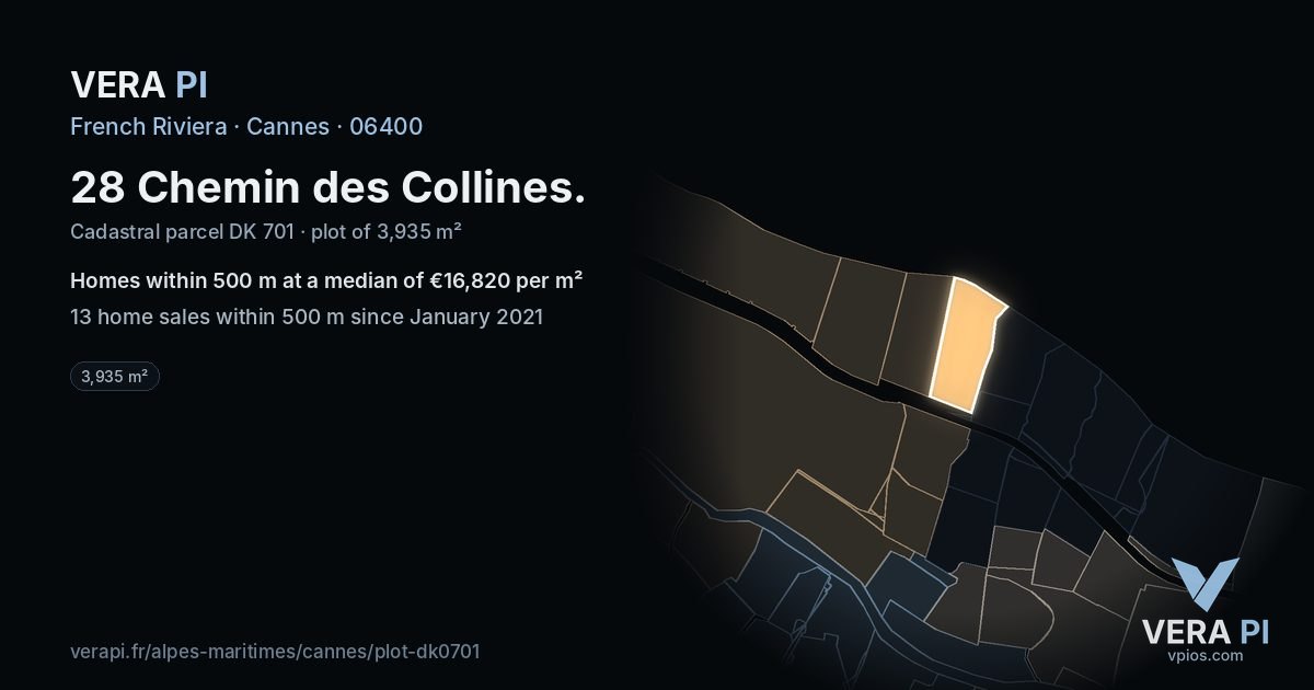 28 Chemin des Collines, Cannes at night – the plot lit, the parcels around coloured by the prices near them