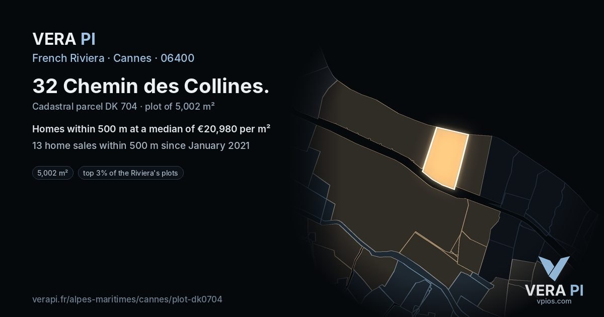 32 Chemin des Collines, Cannes at night – the plot lit, the parcels around coloured by the prices near them