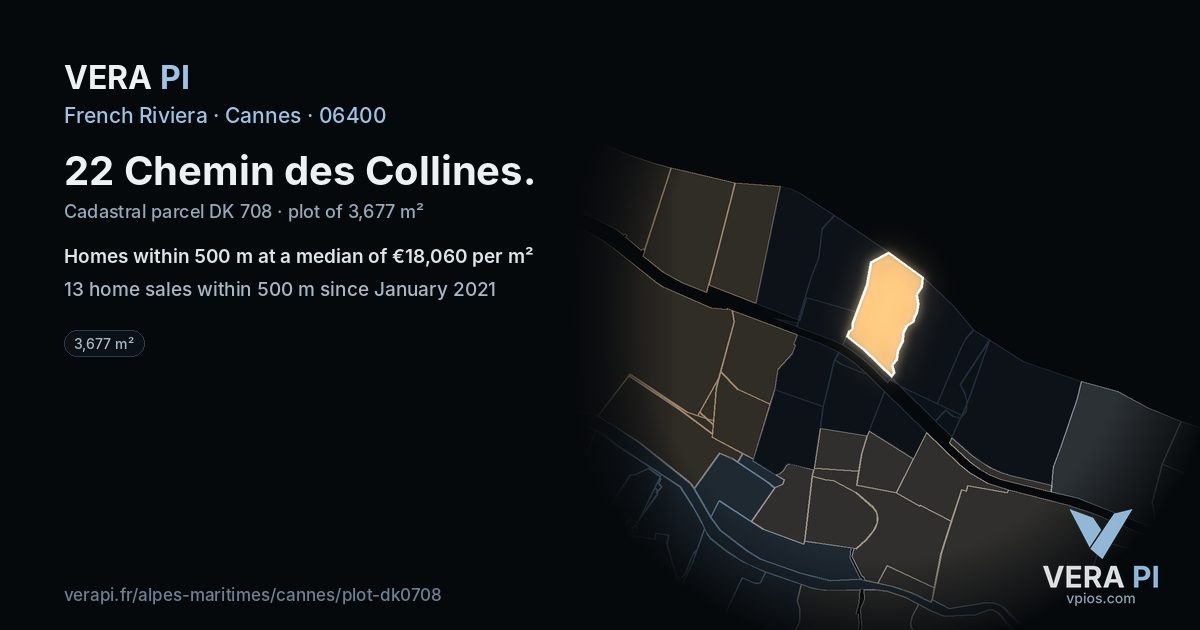22 Chemin des Collines, Cannes at night – the plot lit, the parcels around coloured by the prices near them