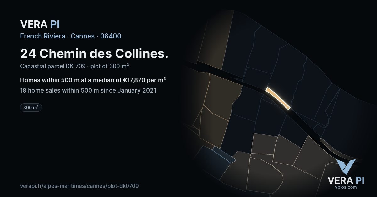 24 Chemin des Collines, Cannes at night – the plot lit, the parcels around coloured by the prices near them