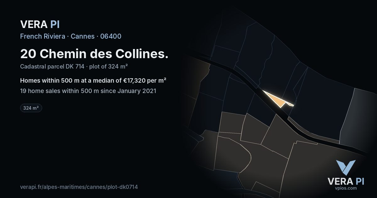 20 Chemin des Collines, Cannes at night – the plot lit, the parcels around coloured by the prices near them