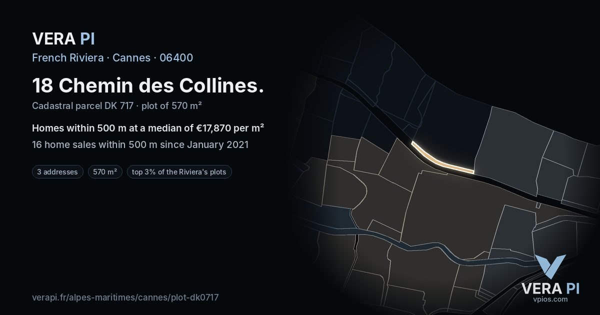 18 Chemin des Collines, Cannes at night – the plot lit, the parcels around coloured by the prices near them
