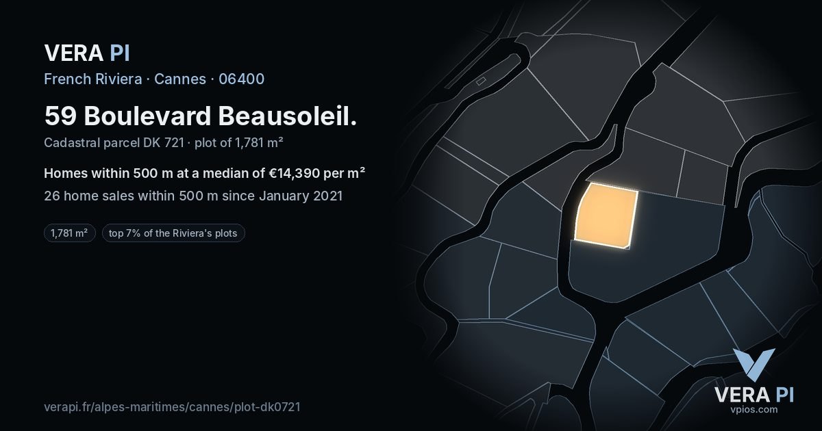 59 Boulevard Beausoleil, Cannes at night – the plot lit, the parcels around coloured by the prices near them