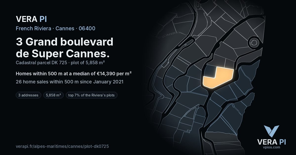 3 Grand boulevard de Super Cannes, Cannes at night – the plot lit, the parcels around coloured by the prices near them