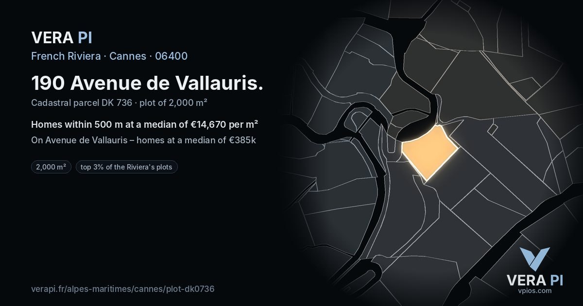 190 Avenue de Vallauris, Cannes at night – the plot lit, the parcels around coloured by the prices near them
