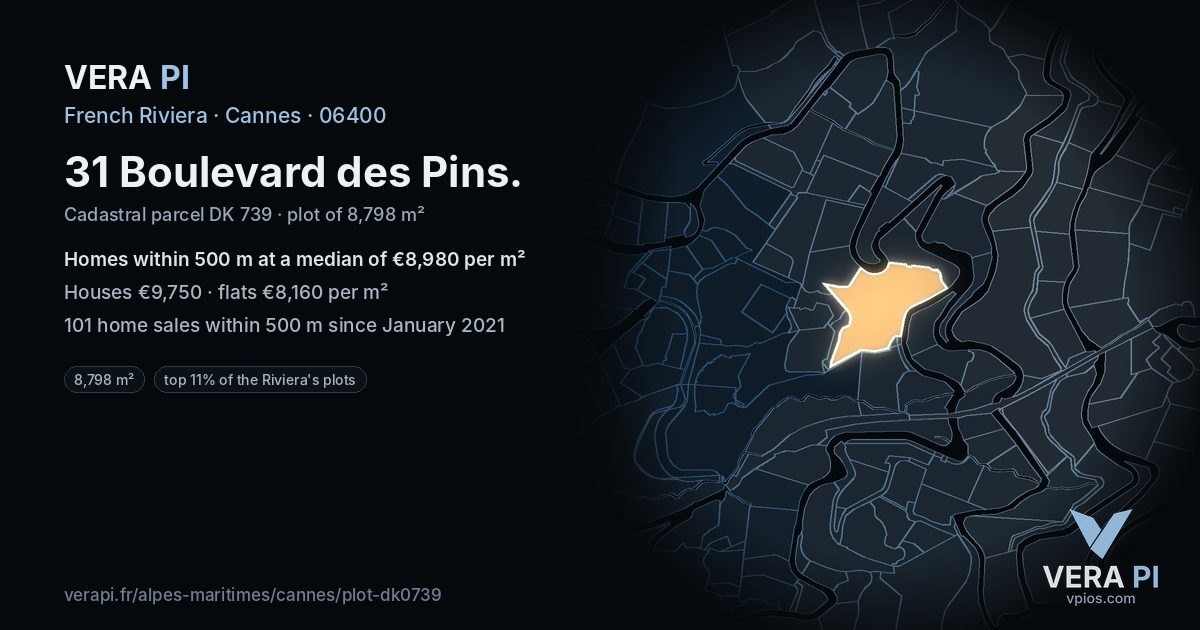 31 Boulevard des Pins, Cannes at night – the plot lit, the parcels around coloured by the prices near them
