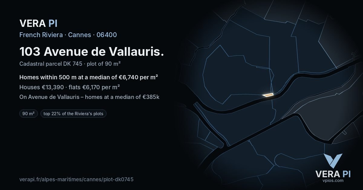 103 Avenue de Vallauris, Cannes at night – the plot lit, the parcels around coloured by the prices near them