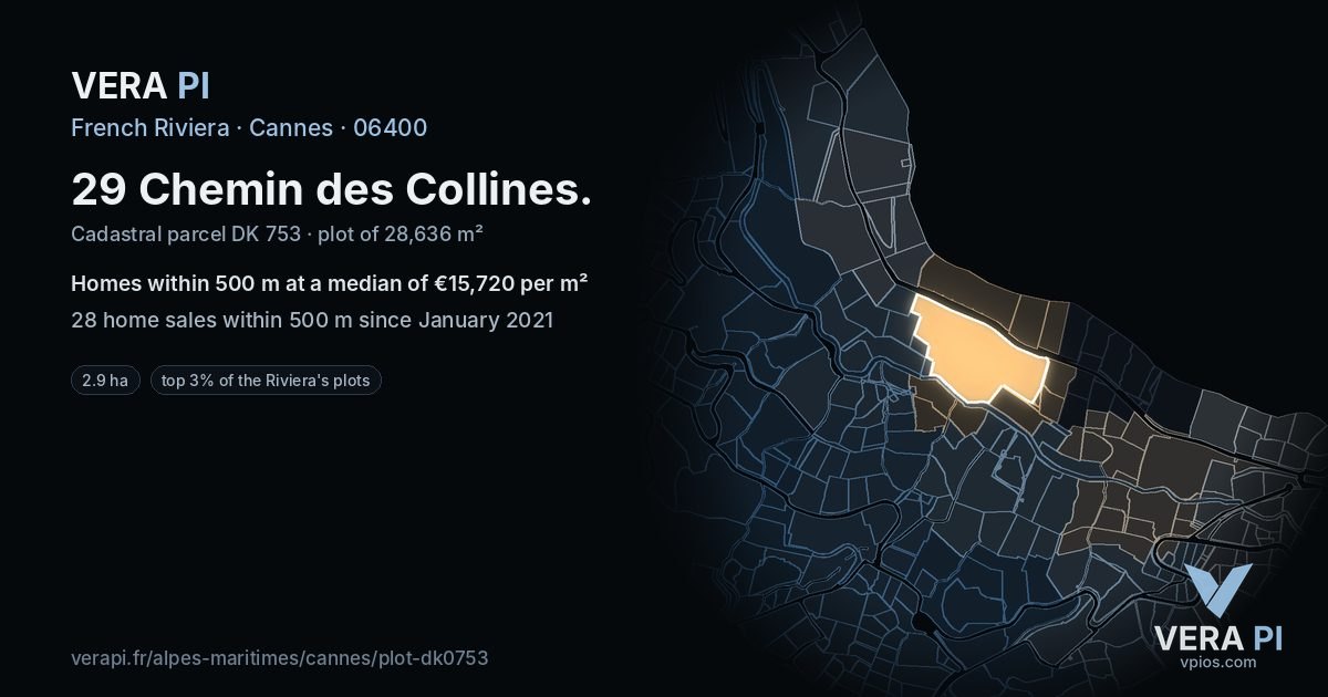29 Chemin des Collines, Cannes at night – the plot lit, the parcels around coloured by the prices near them