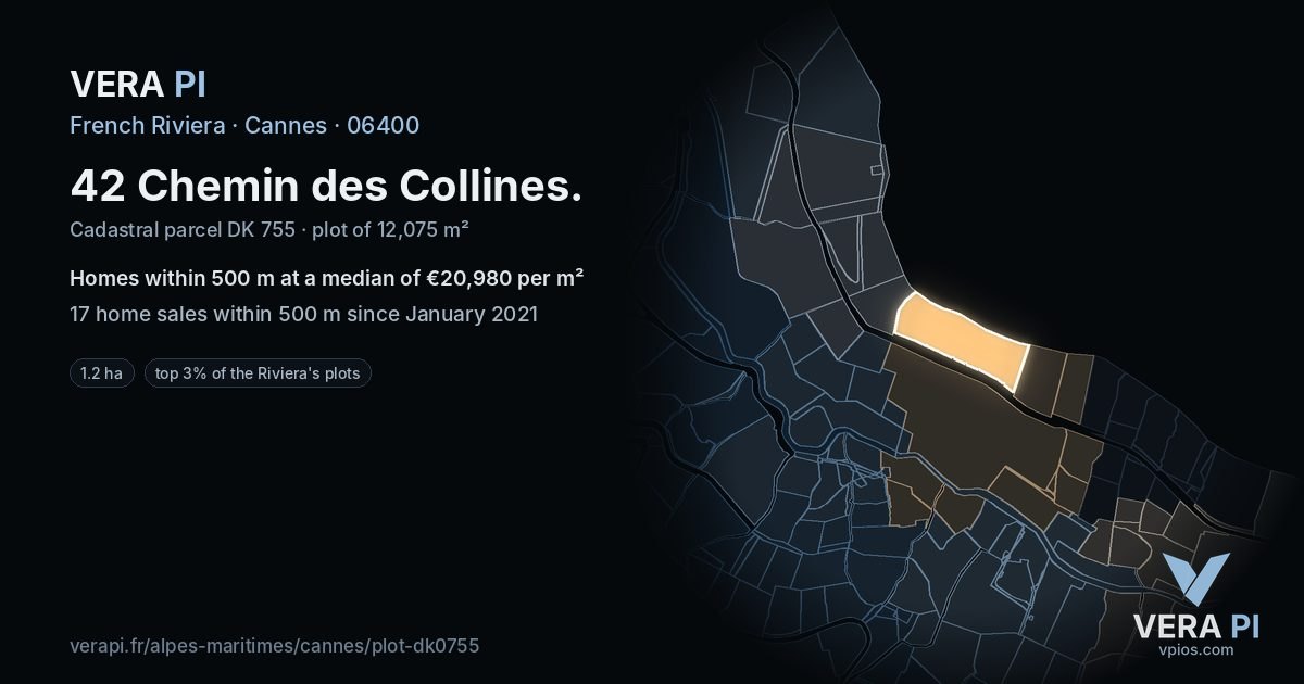 42 Chemin des Collines, Cannes at night – the plot lit, the parcels around coloured by the prices near them