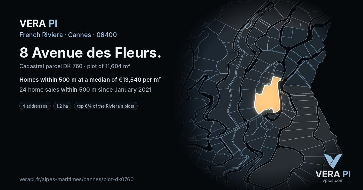 8 Avenue des Fleurs, Cannes at night – the plot lit, the parcels around coloured by the prices near them