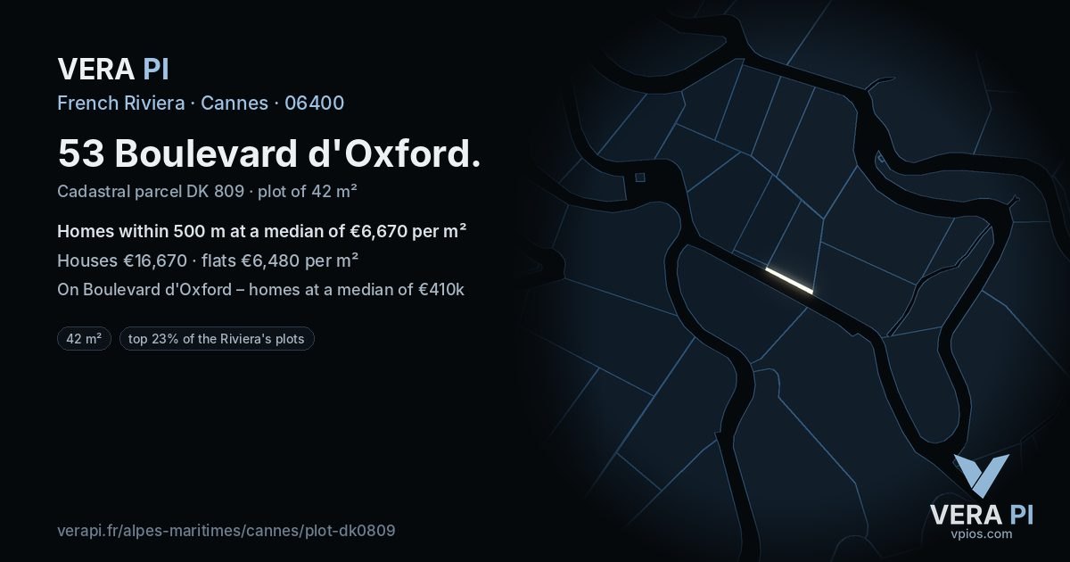 53 Boulevard d'Oxford, Cannes at night – the plot lit, the parcels around coloured by the prices near them