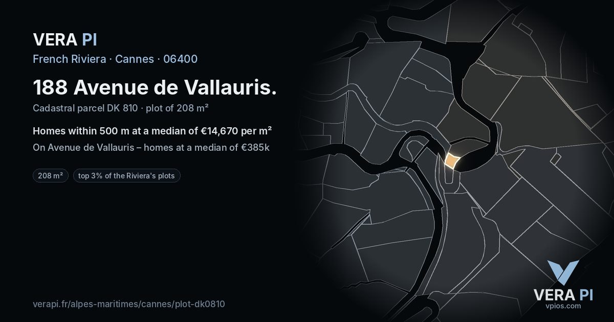 188 Avenue de Vallauris, Cannes at night – the plot lit, the parcels around coloured by the prices near them