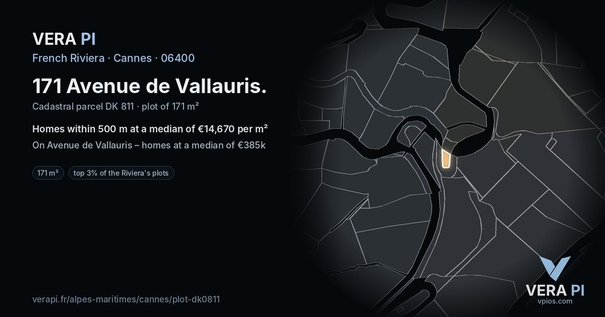 171 Avenue de Vallauris, Cannes at night – the plot lit, the parcels around coloured by the prices near them