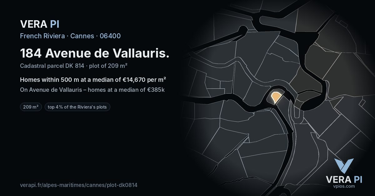 184 Avenue de Vallauris, Cannes at night – the plot lit, the parcels around coloured by the prices near them