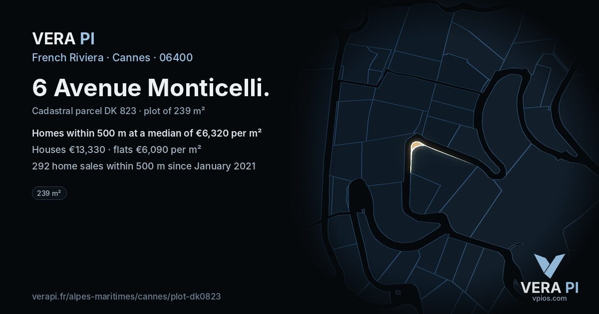 6 Avenue Monticelli, Cannes at night – the plot lit, the parcels around coloured by the prices near them