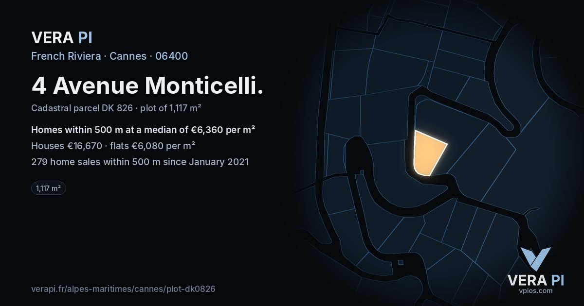 4 Avenue Monticelli, Cannes at night – the plot lit, the parcels around coloured by the prices near them