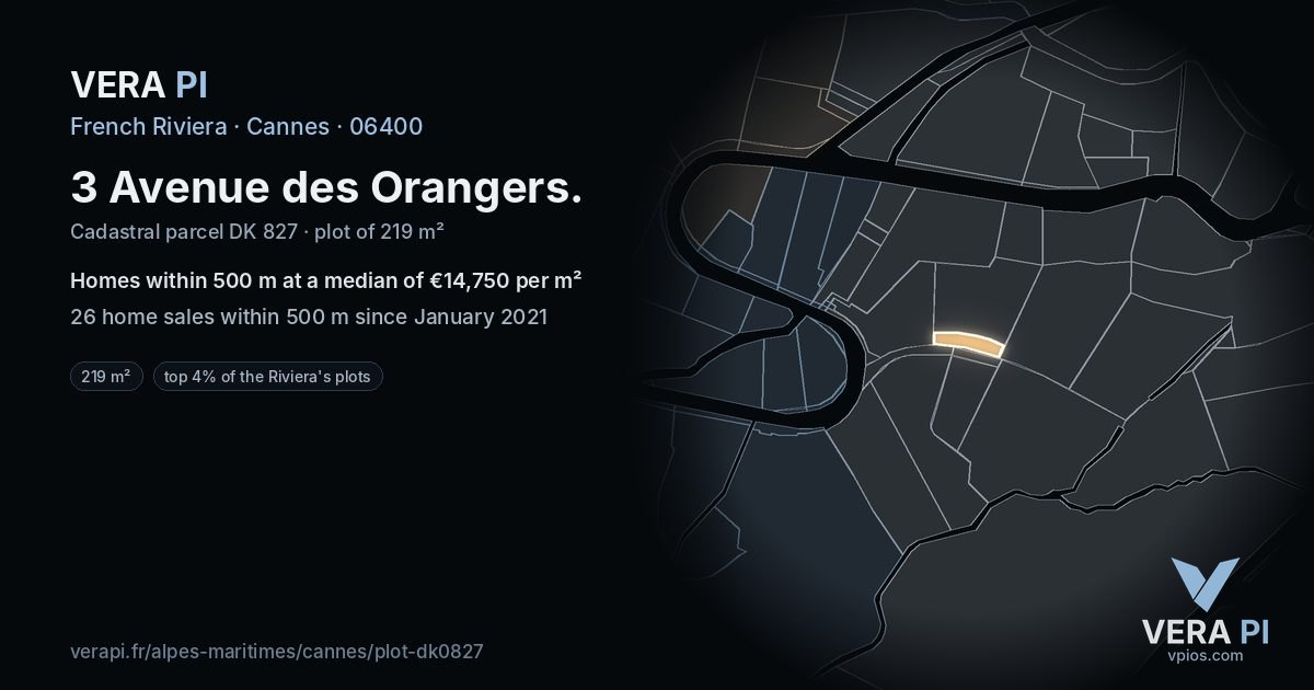 3 Avenue des Orangers, Cannes at night – the plot lit, the parcels around coloured by the prices near them