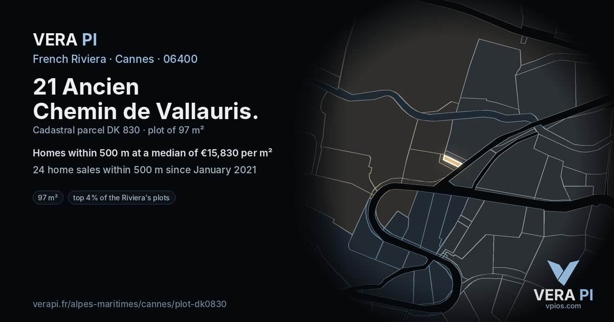 21 Ancien Chemin de Vallauris, Cannes at night – the plot lit, the parcels around coloured by the prices near them