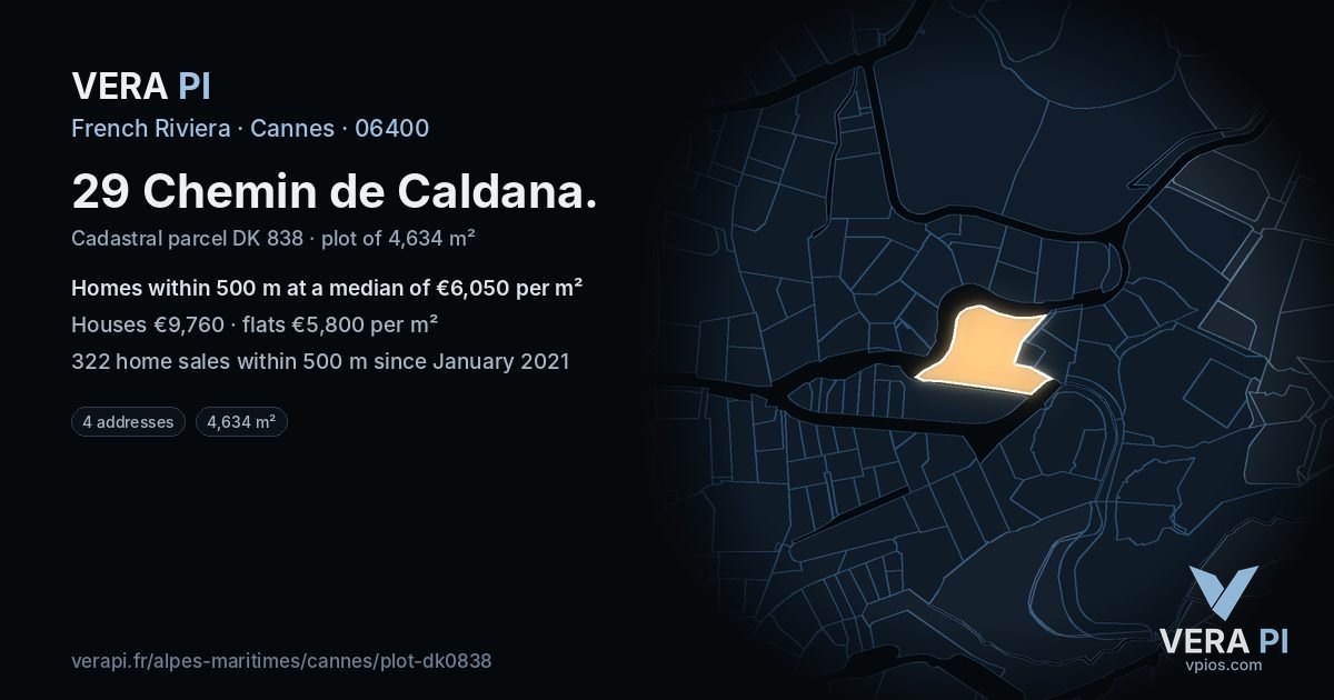 29 Chemin de Caldana, Cannes at night – the plot lit, the parcels around coloured by the prices near them
