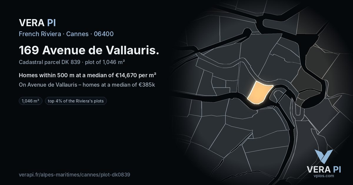 169 Avenue de Vallauris, Cannes at night – the plot lit, the parcels around coloured by the prices near them