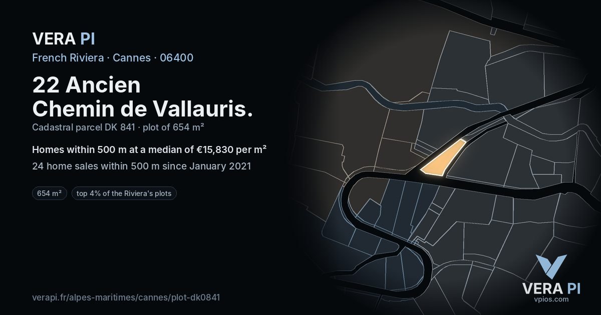 22 Ancien Chemin de Vallauris, Cannes at night – the plot lit, the parcels around coloured by the prices near them