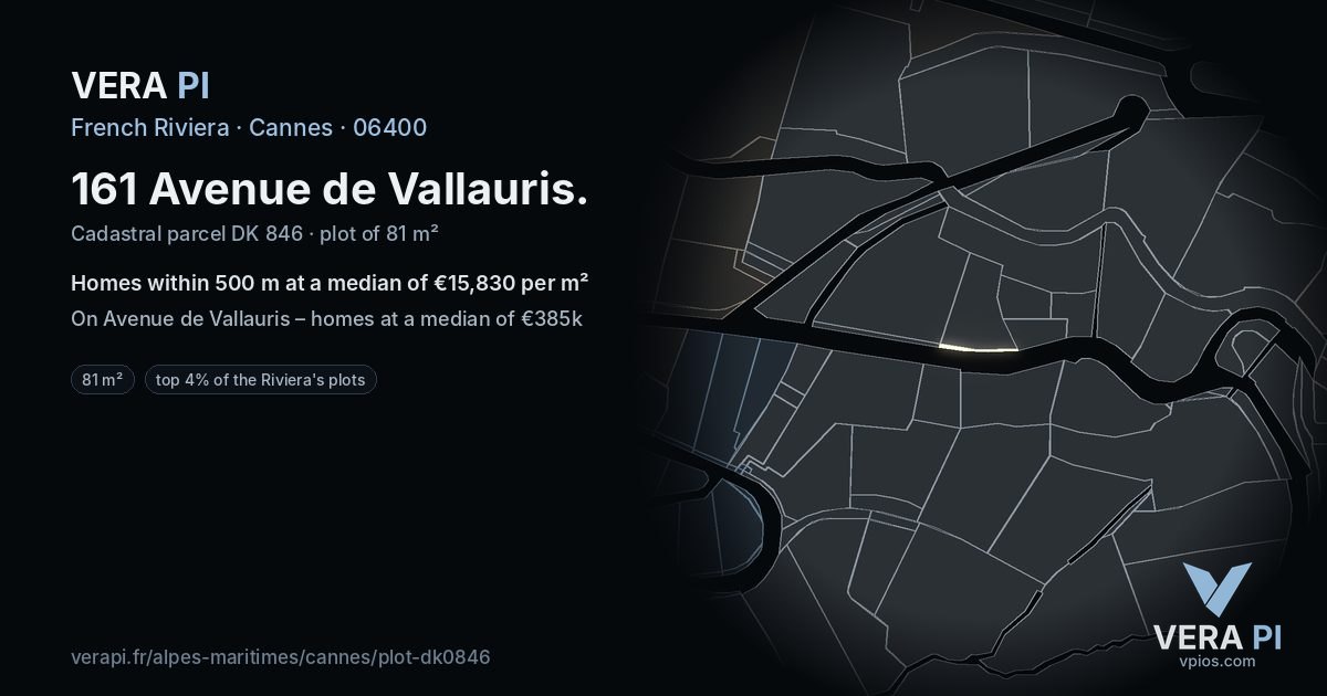 161 Avenue de Vallauris, Cannes at night – the plot lit, the parcels around coloured by the prices near them