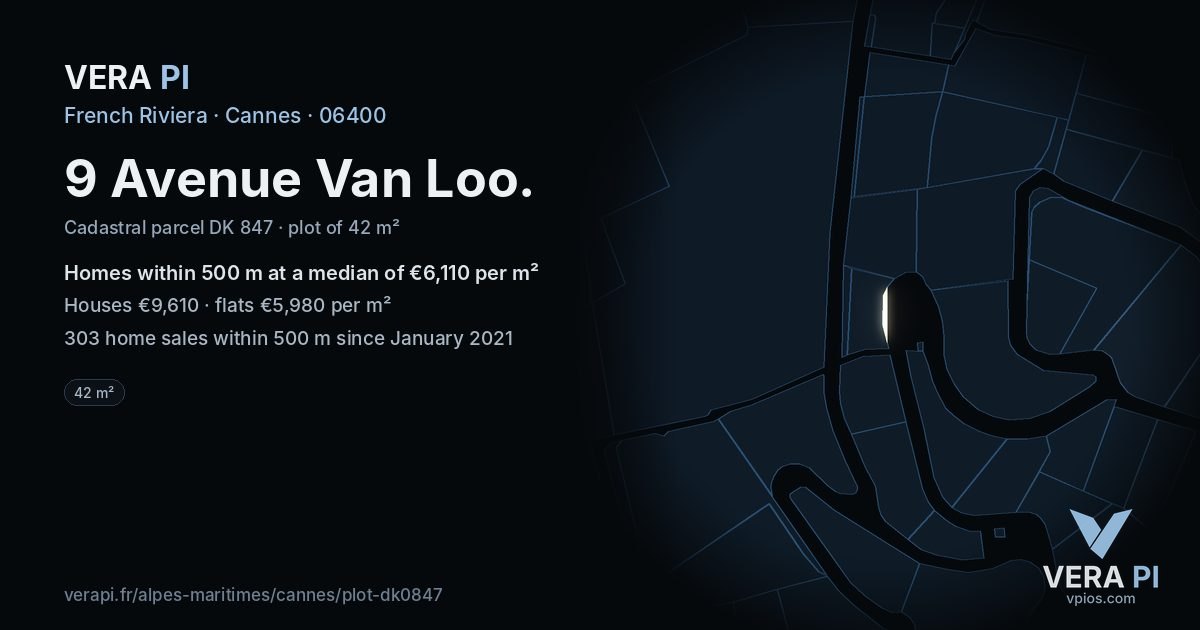 9 Avenue Van Loo, Cannes at night – the plot lit, the parcels around coloured by the prices near them
