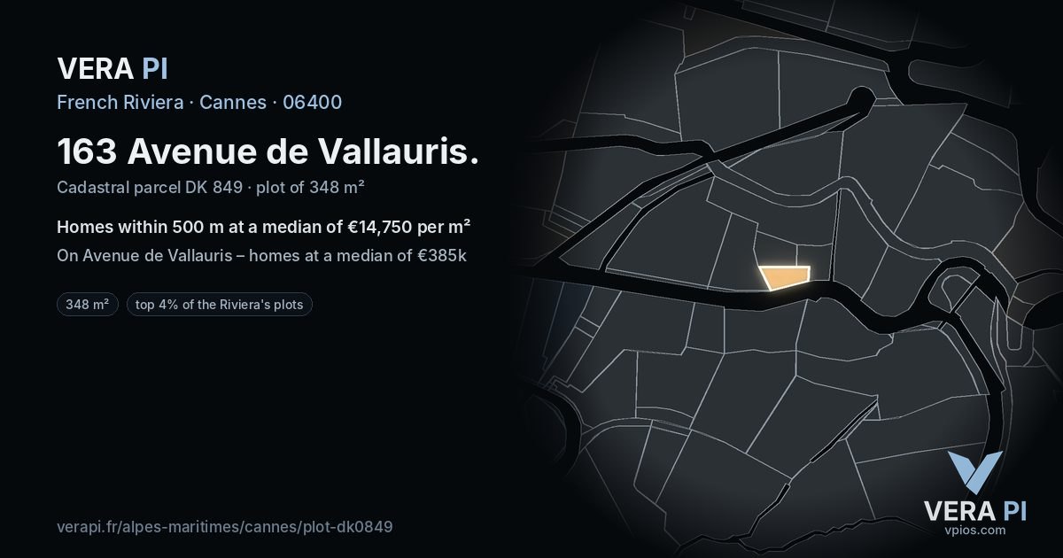 163 Avenue de Vallauris, Cannes at night – the plot lit, the parcels around coloured by the prices near them