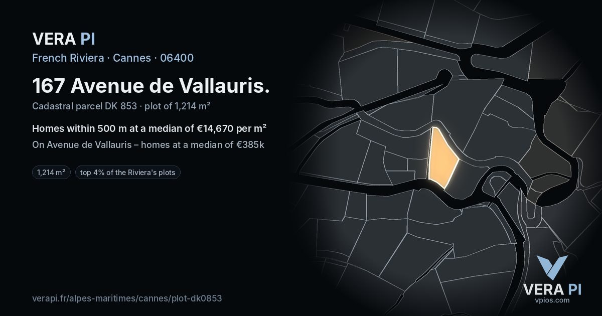 167 Avenue de Vallauris, Cannes at night – the plot lit, the parcels around coloured by the prices near them