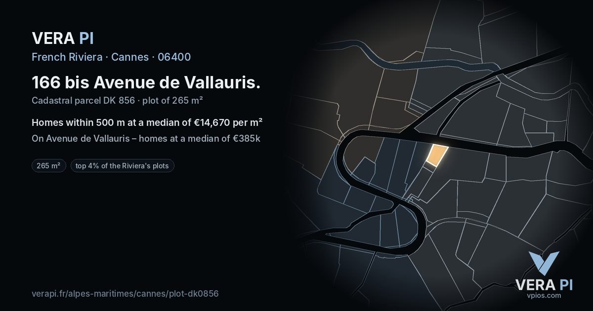 166 bis Avenue de Vallauris, Cannes at night – the plot lit, the parcels around coloured by the prices near them