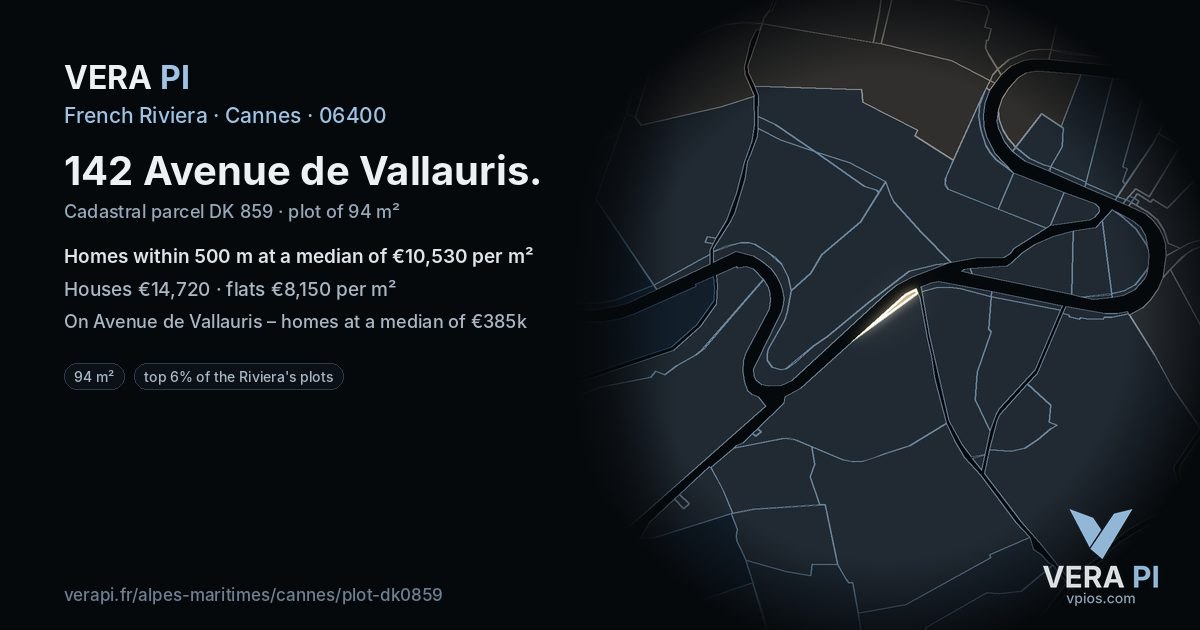 142 Avenue de Vallauris, Cannes at night – the plot lit, the parcels around coloured by the prices near them